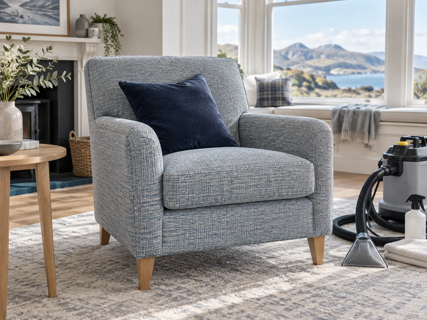 Clean upholstered chair with professional cleaning equipment