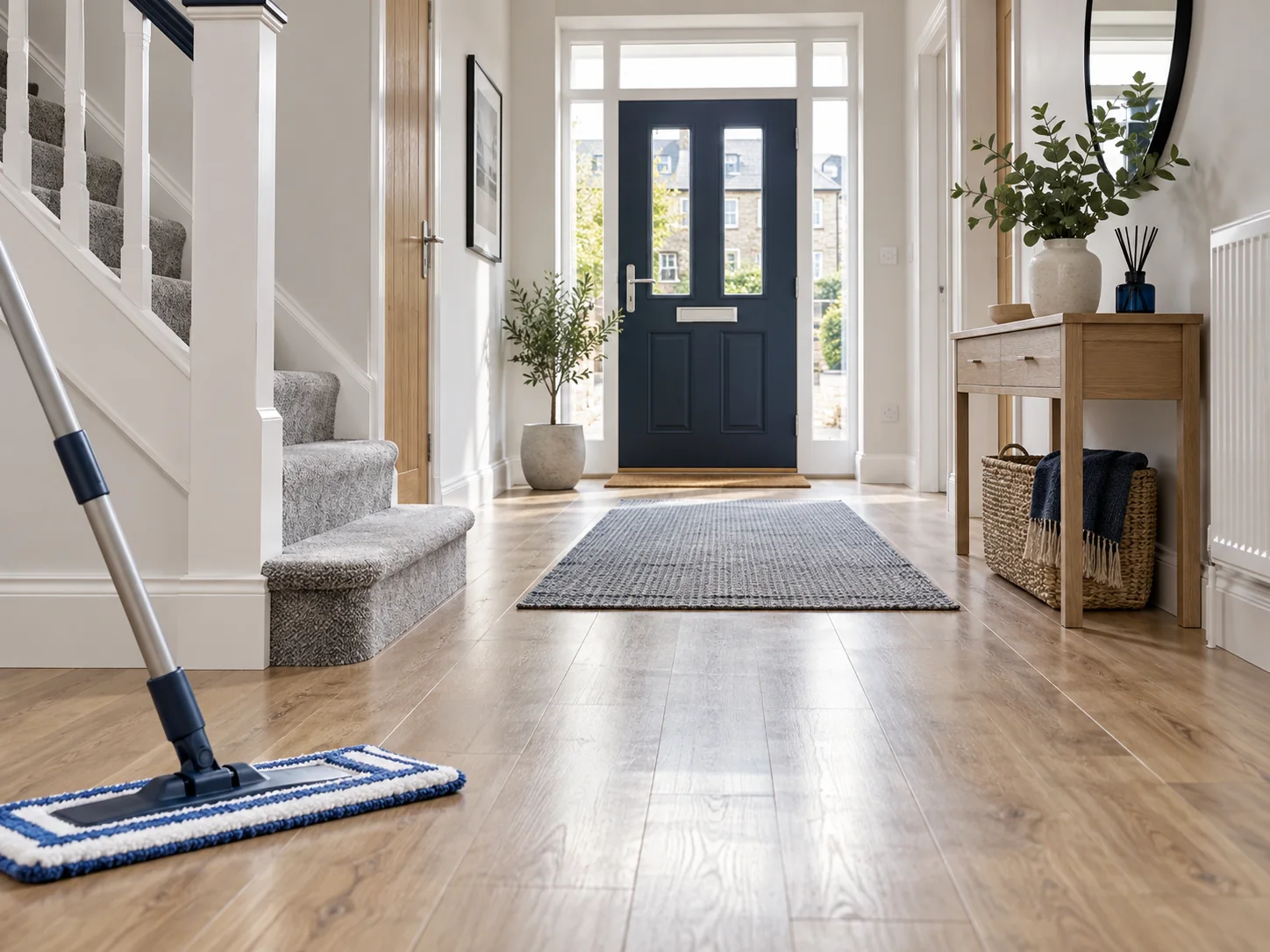 Freshly cleaned home hallway with a floor mop