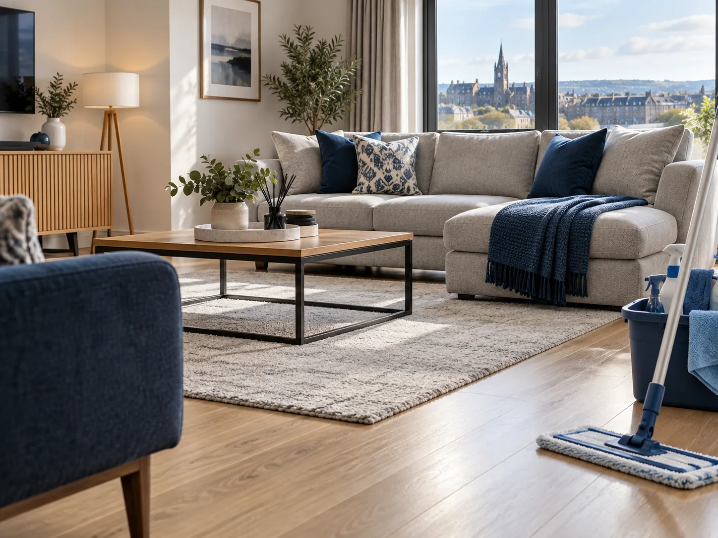 Freshly cleaned living room with cleaning equipment nearby