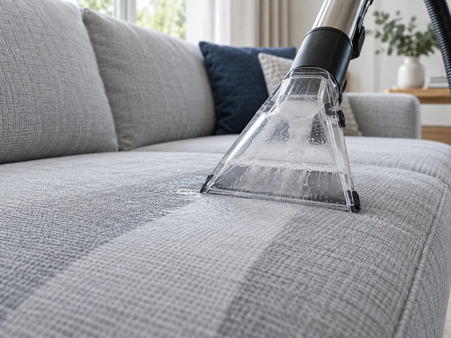 Upholstery extraction tool cleaning a fabric sofa