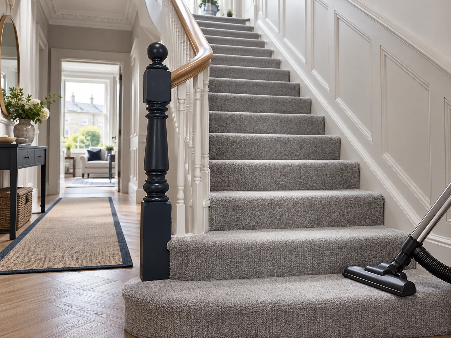 Clean carpeted residential staircase with a vacuum